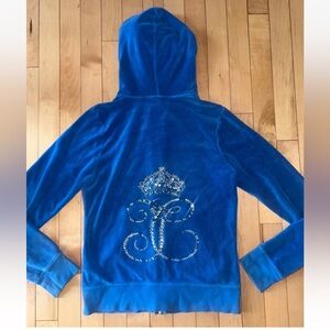 JUICY COUTURE Y2K Vintage Velour Hoodie Rhinestone Crown Costal Blue Size M